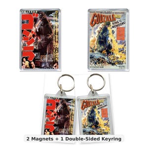 May include: Two rectangular magnets and one double-sided keyring featuring vintage Godzilla movie posters. One side displays the Japanese poster with red text, while the other shows the English Godzilla King of the Monsters poster with yellow and black text.