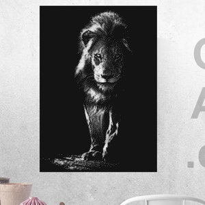 May include: Black and white digital art print of a lion with a detailed, textured look. The lion is facing forward with its head slightly tilted down. The background is black.