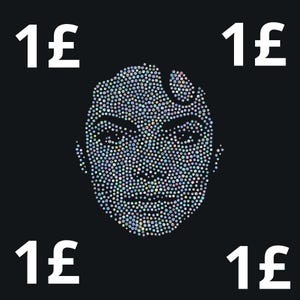 May include: A graphic design on a black background features a face composed of iridescent dots. The face is surrounded by the number "1" and the British pound symbol in white.
