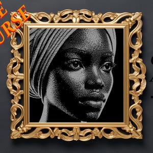May include: A black and white portrait of a person with a headscarf, framed in a gold ornate frame. The image is pixelated and has a stippled effect. The text "Glitt Art .com" is visible in the lower right corner of the image.