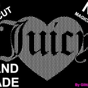 Puede incluir: Un diseño blanco en forma de corazón con la palabra "DIY" en su interior, rodeado de puntos blancos. El texto "NO CRICUT" aparece en la esquina superior izquierda y "NO MAGICFLOCK" en la esquina superior derecha. El texto "HAND MADE" aparece debajo del corazón y el texto "By GlittArt.com" aparece en la esquina inferior derecha.