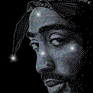 May include: A profile portrait of a person's face, created with a mosaic of sparkling, iridescent dots against a black background. The image includes a jester's hat and the website address GlittArt.com.