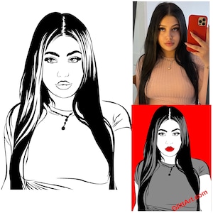 May include: Black and white line art illustration of a person with long black hair, wearing a simple shirt. The background is red.