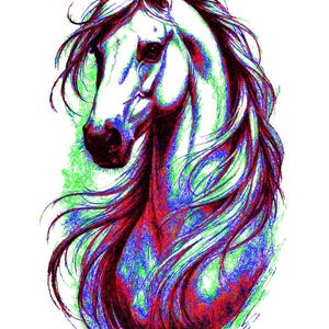 May include: A stylised illustration of a horse head and neck featuring vibrant, overlapping colour layers in red, blue, and green. The artwork uses dense, scribbled line work to define the mane, facial features, and muscular structure of the animal.