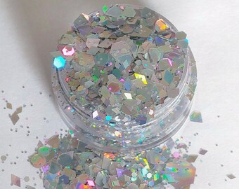 Sterling - Silver Holographic, Chunky Cosmetic Body & Face Glitter For Festival And Creative Makeup, Slime And Crafts
