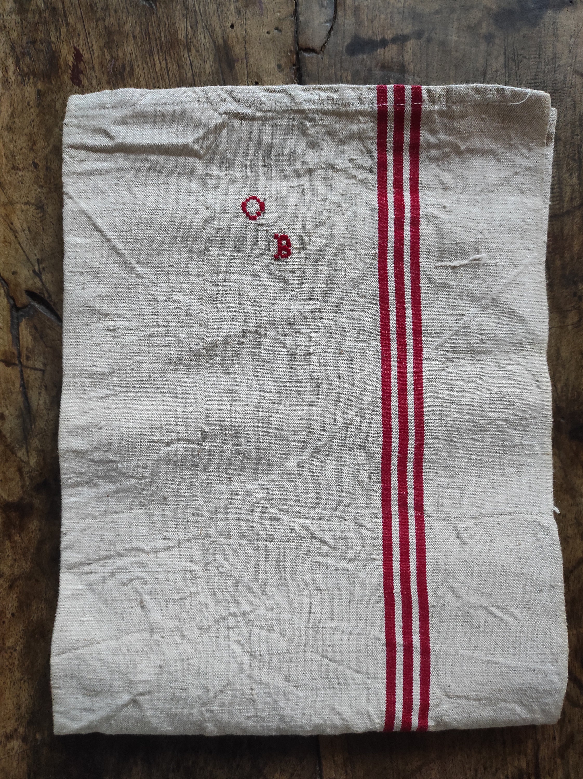 Lot de 6 Torchons Métis Anciens Gris à Linteaux | Bandes Rouge Lin/Coton Monogrammés Ob Linge Maison