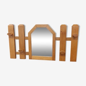 Vintage wooden coat rack with modernist design mirror 4 hooks