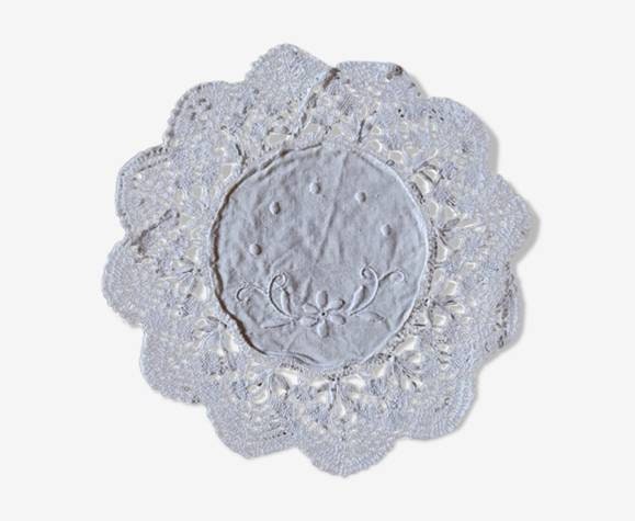 Ancien Napperon Vintage Rond Brodé en Coton et Crochet à L'ancienne Français