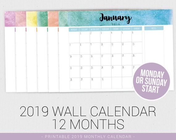 sunday monday start watercolor calendar 2019 calendar pdf etsy monday start calendar 2019
