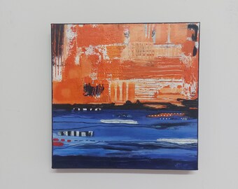 Konst - Original abstrakt texturerad målning, Havslandskap på duk, Blå och orange lager av färger, Modern, Samtida