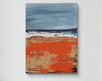 May include: Abstract landscape painting with a textured, layered appearance. The top portion features a light blue sky, transitioning to a dark blue horizon line. Below, a band of white and tan suggests a beach, and the bottom is a vibrant orange field.