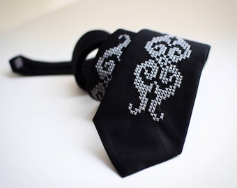Corbata de boda negra con bordado Corbata de boda para hombre Corbata bordada Corbata de padrinos Regalo bordado Corbata negra para hombre