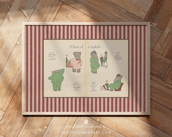 May include: A vintage illustration of an elephant shopping for clothes. The elephant is wearing a pink suit, a green suit, and a blue suit. The text in the image reads "Alors il s'achete:  une chemise avec et cravate.  un compleure et une aiguille a coudre verte.  enfin des souliers des gautres.  prend un beau chapeau melon."