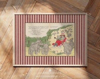 May include: A framed vintage illustration featuring a red and white striped border. The artwork depicts a group of gray elephants, some in a red car, with text in French. The frame is light-colored, set against a wooden background.