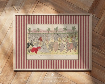 May include: A vintage illustration of a wedding celebration with animals. The bride and groom are in the center of the image, surrounded by elephants, giraffes, and other animals. The text at the bottom of the image reads "Aprés de mariage of a couronnement, Soul de monde danos de fond".