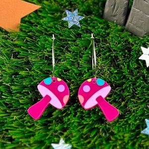 Magical Mushroom Earrings, pink acrylic mushie earrings, acrylic earrings, huggie hoops, colourful jewellery, mushroom gifts, laser cut