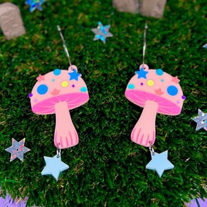 Colourful Acrylic Mushroom Earrings, lightweight acrylic earrings, pink rave accessories, hippie earrings, psychedelic mushroom jewellery