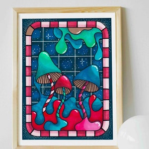 Intergalactic Trip, A5 Fine Art Giclee Print, psychedelic art, mushroom drawing, hand drawn art, trippy poster, colorful wall art, toadstool