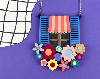 Colar Floral com Janela, Acrílico Cortado a Laser, Joias Mediterrâneas