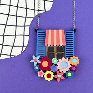 Shutters Floral Window Acrylic Necklace, flower necklace, colourful laser cut necklace, summer birthday gift