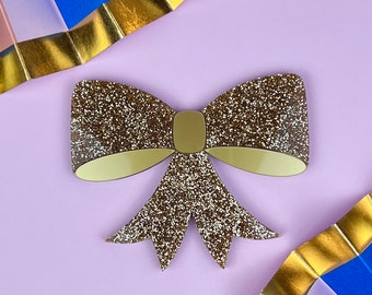 Laser Cut Gold Glitter Acrylic Christmas Bow Brooch