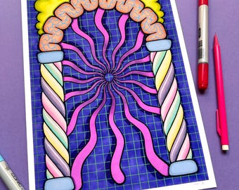 Arte psicodélico dibujado a mano, impresión giclée tamaño A4