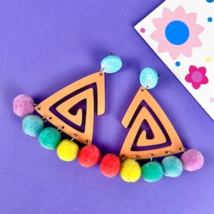 Rainbow Pompom Acrylic Earrings, clown earrings, clowncore earrings, clown core jewelry, circus earrings, clown core statement earrings