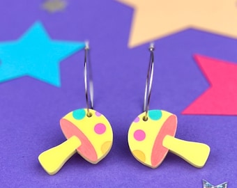 Acrylic Mushroom Earrings, Colorful Toadstool  Hoops - Pastel Yellow