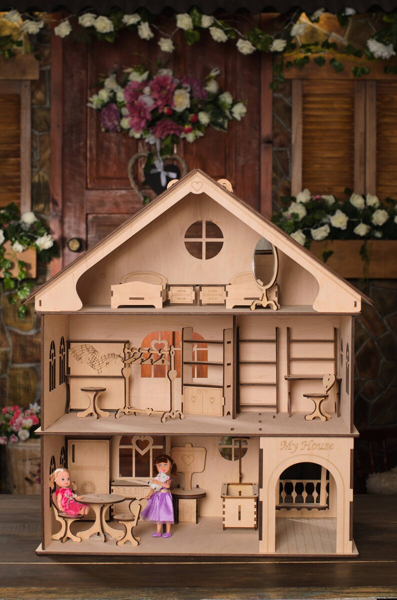 Dollhouse with furniture Plywood doll house Natural Dollhouse Etsy