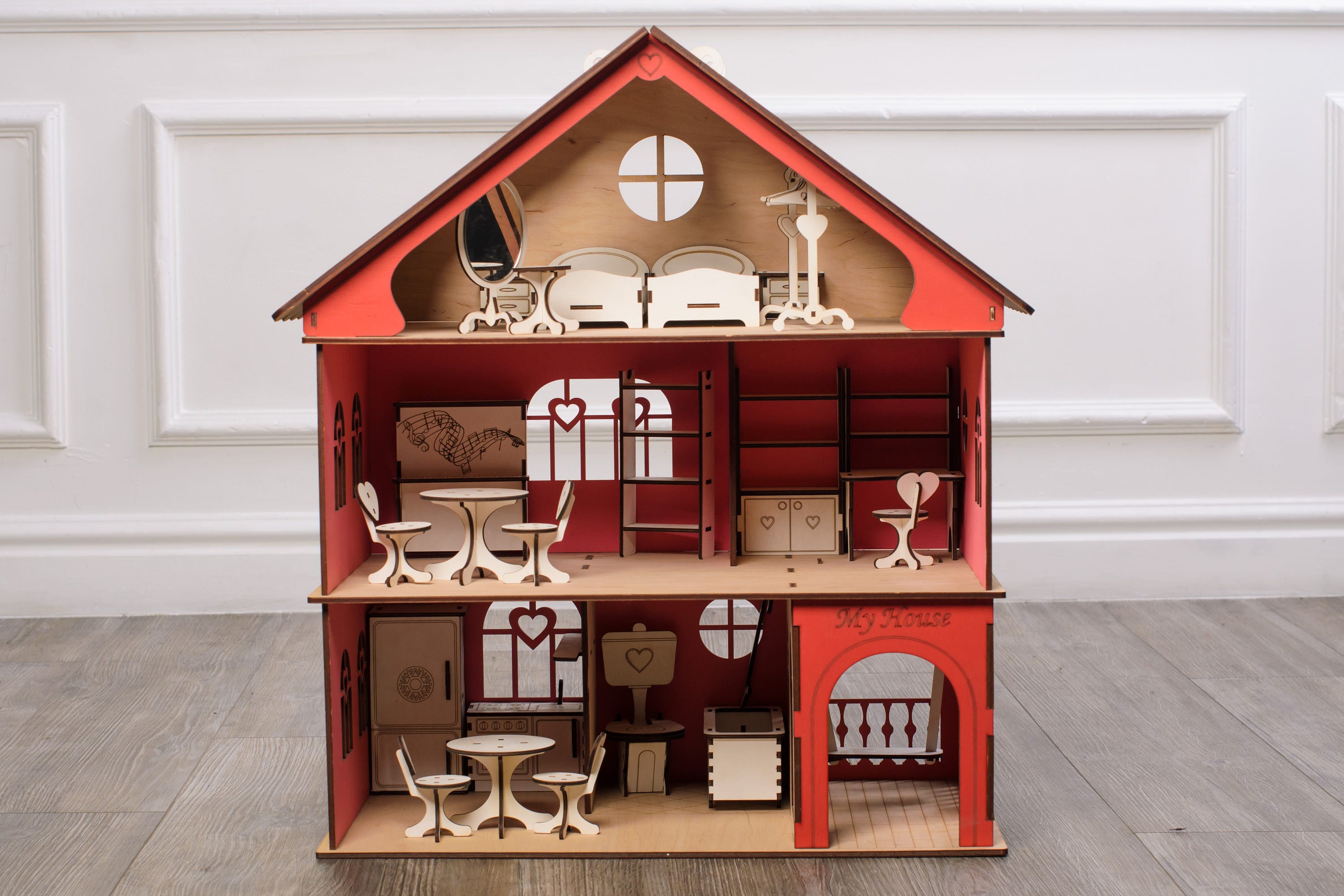 Dollhouse with furniture Plywood doll house natural Etsy