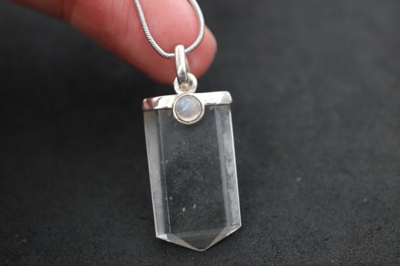 Clear Quartz Pendant with Rainbow Moonstone | 925 Sterling Silver