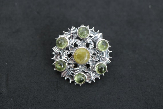 Thistle Design Brooch with Scottish Green Marble and Peridot | 925 Sterling Silver