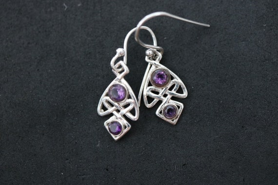 Amethyst Celting Design Dangle Earrings Sterling Silver