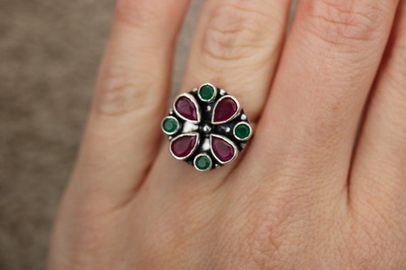 Pink Tourmaline and Green Chalcedony Adjustable Ring | 925 Sterling Silver