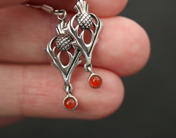 Scottish Thistle Silver Earrings with Carnelian | 925 Sterling Silver