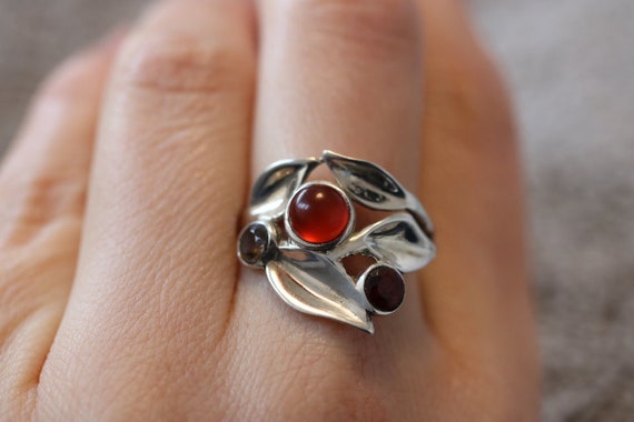 925 Silver Ring with Carnelian Garnet and Amethyst | Etsy