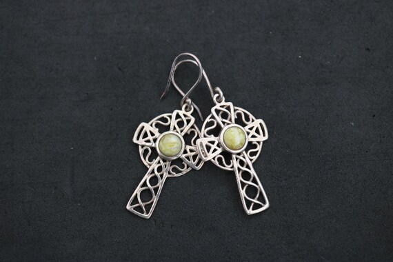 Iona Marble| Celtic Cross Earrings with  Scottish Green Marble | 925 Sterling Silver