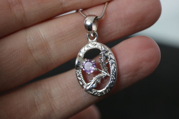 Scottish Thistle Pendant with Amethyst | 925 Sterling Silver