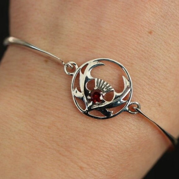 Scottish  Thistle and Garnet Bracelet | 925 Sterling Silver