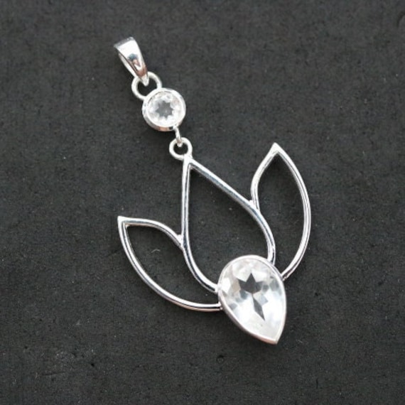 Lotus Flower Pendant with Clear Quartz  | 925 Sterling Silver