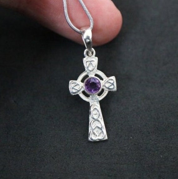 Celtic Cross Pendant with Amethyst | 925 Sterling Silver