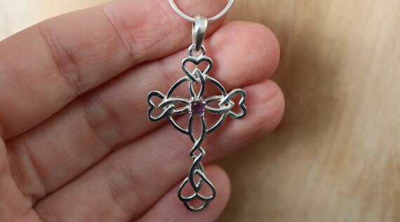 Celtic Cross Pendant with Amethyst | 925 Sterling Silver