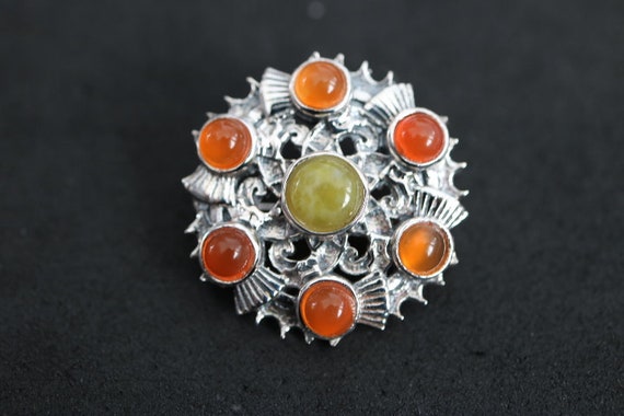 Thistle Design Brooch with Carnelian and Scottish Green Marble | 925 Sterling Silver