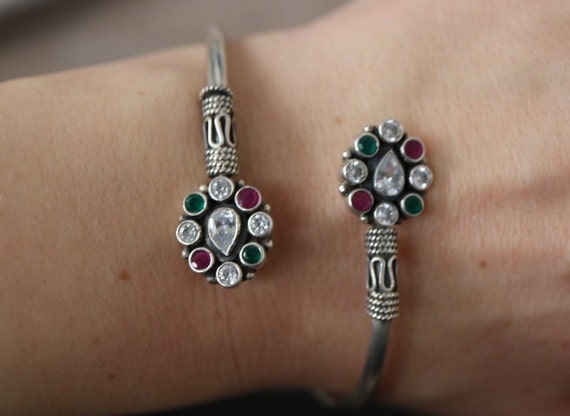 Pink Tourmaline, Green Calcedony and Zircons Bangle Bracelet 925 Sterling Silver
