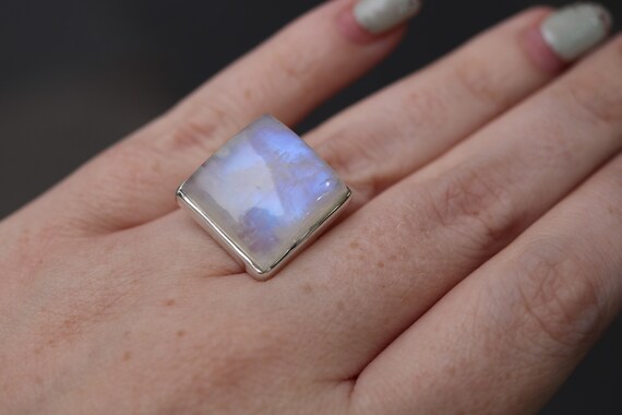 Adjustable Rainbow Moonstone Ring 925 Sterling Silver