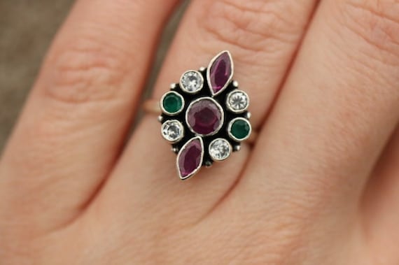 Pink Tourmaline, Green Chalcedony and Zircons  Adjustable Ring | 925 Sterling Silver
