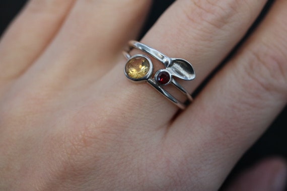 Yellow Topaz and Garnet Ring | 925 Sterling Silver
