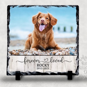 May include: A personalized slate memorial with a photo of a golden retriever dog on a beach. The slate has the text "forever loved" with a heart symbol, the name "Rocky", and the dates "2012-2023".