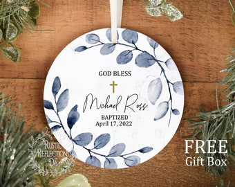 Custom Baptism Boy Gift, Personalized Cross Porcelain Ornament, Catholic Baptism Gift, Gift to Godchild, Godson Gift Keepsake    OR76