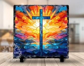 CHRISTIAN CROSS Slate, Unique Xmas Decor, Colorful Faux Stained Glass Decor, Religious Gift, Catholic Keepsake, Gift for Pastor Clergy